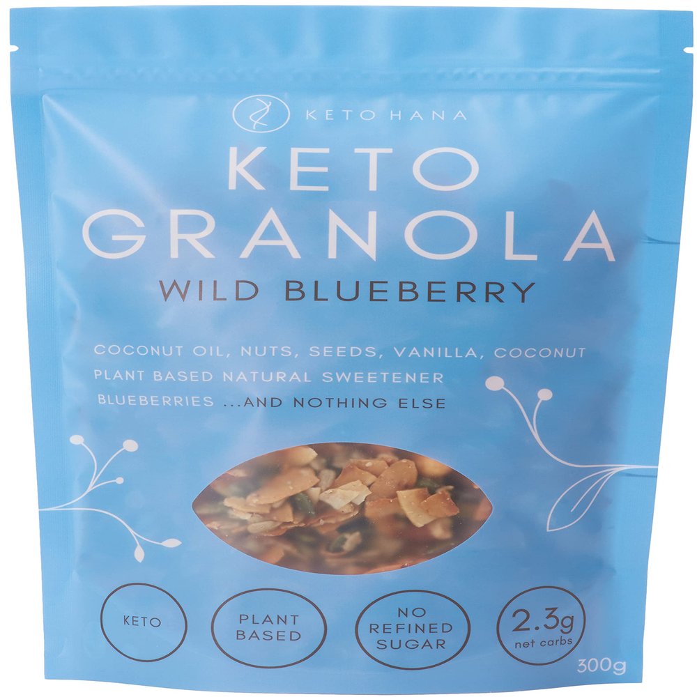 Keto Hana Wild Blueberry Vegan Dairy Free Plant Based Breakfast Granola with No Refined Sugars & Only 2.3g Net Carbs Includes 4 x 300gr/0.6lbs Bags