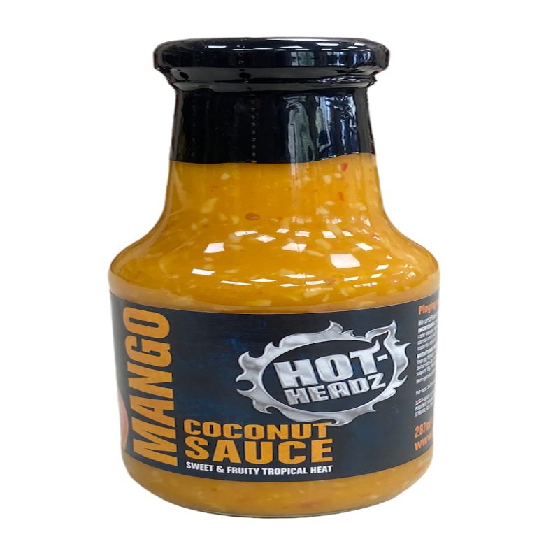 Hot-Headz! Mango, Habanero Pepper & Coconut Sauce. Medium Heat Spicy & Sweet Mango Sauce Perfect for Chicken, Pizza, Pasta Or Steak. Use As Marinade, Glaze, Sauce Or Dip. Gluten-Free & Vegan. (287ml)