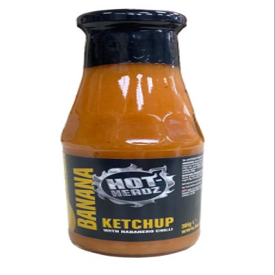 Hot-Headz! Habanero Banana Ketchup. Fruity Sweet Hot Caribbean Ketchup with Habanero Chilli & Spices. Sweet, Spicy & Tangy Sauce with Rum Infused Bananas.. All-Natural, Gluten-Free, and Vegan (385g)