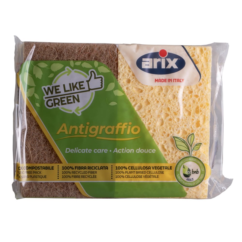 ARIX | Scratch Resistant Delicate Care, 2 Cellulose Sponges from the We Like Green Line, Eco-Friendly, 100% Recycled and Recyclable Materials - Made in Italy