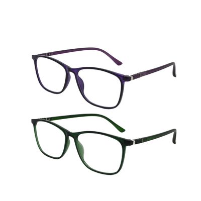 SIKAITE 2 Pack Unisex Blue Light Blocking Lightweight Reading Glasses Rectangle Computer Readers with Spring Hinges for Men and Women (green and purple, 2.0, diopters)