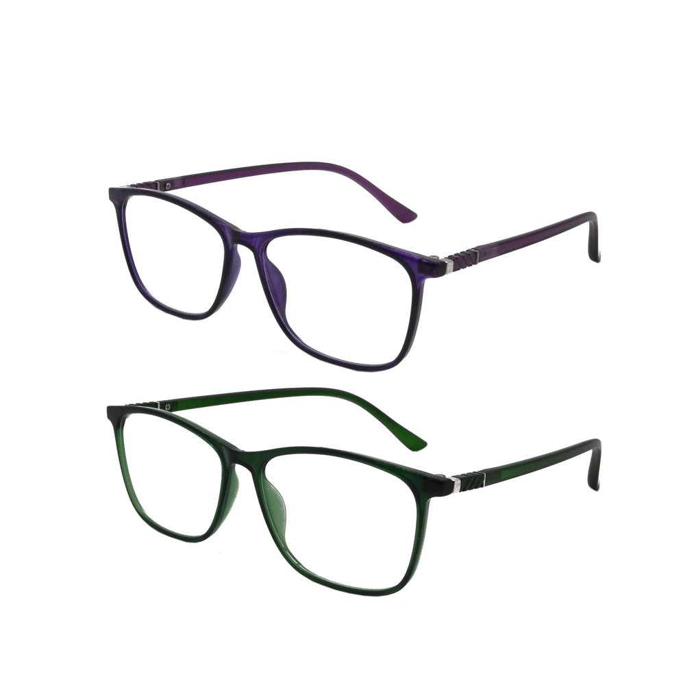 SIKAITE 2 Pack Unisex Blue Light Blocking Lightweight Reading Glasses Rectangle Computer Readers with Spring Hinges for Men and Women (green and purple, 2.0, diopters)