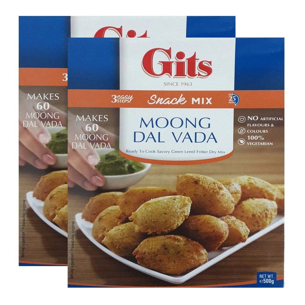 Gits Moong Dal Vada Snack Mix 500g - Makes Delicious Mildly spiced dumplings made of Moong (lentil) flour - Instant Mix for Crispy South Indian Vada Snacks makes 5 serving (Pack of 2)