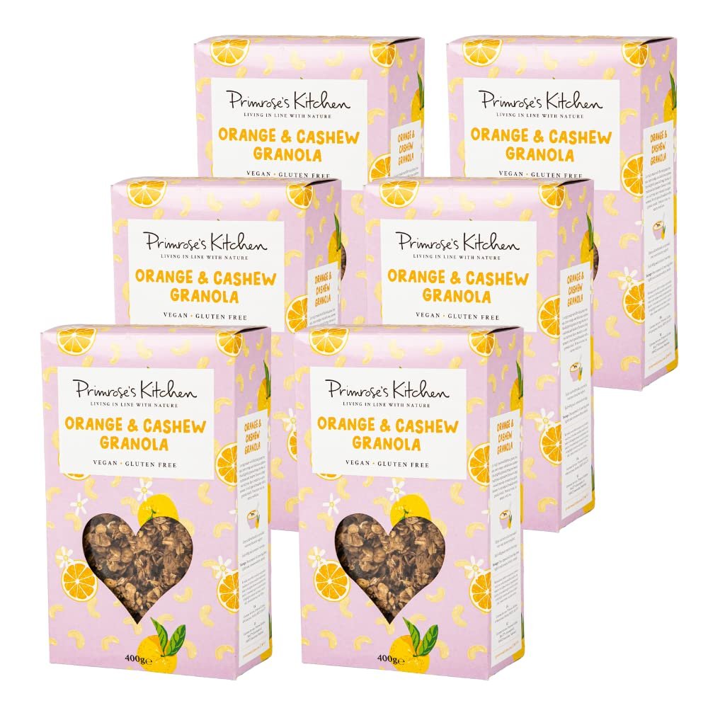 Primrose's Kitchen - Orange & Cashew Granola - 400g (Pack of 6) Vegan & Gluten Free Recipe. Punchy, Zesty And Nutty Granola Suitable For Bakes, Shakes, Biscuits & Cakes. Chunky Nuts & Wholesome Oats.