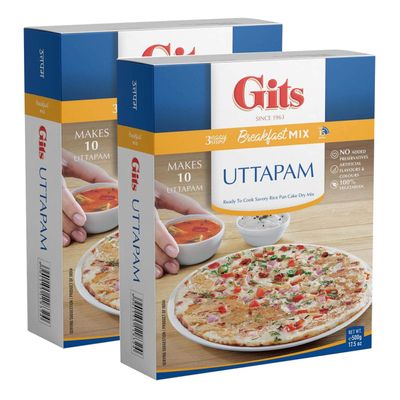 Gits Uttappam Mix 500g  Soft Thin Pizza like Dish Made Of Rice-Lentil Batter And Pan-Fried - Garnished With Tamarind Spices And Chutney Savory Pancakes (Pack of 2)