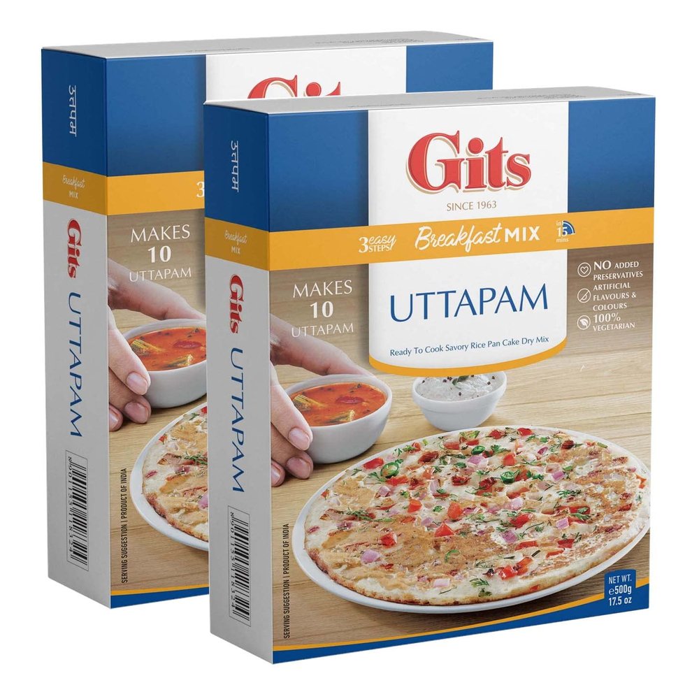 Gits Uttappam Mix 500g  Soft Thin Pizza like Dish Made Of Rice-Lentil Batter And Pan-Fried - Garnished With Tamarind Spices And Chutney Savory Pancakes (Pack of 2)