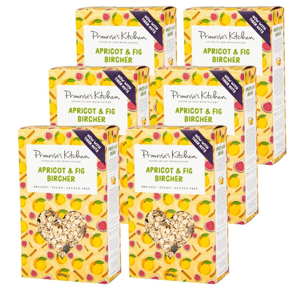 Primrose's Kitchen - Fig & Apricot Bircher Muesli - 400g (Pack of 6) Vegan & Gluten Free Recipe. Fruity Fusion Sliced Figs, Iron-rich Apricots, Fibre-rich Chia And Flaxseed 25% Fruit Content.