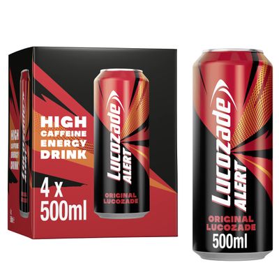 Lucozade Alert Original 4x500ml- can ; High Caffeine Energy Drink ;Great Taste; Contains vitamin B3 to help reduce tiredness ;Fully recyclable