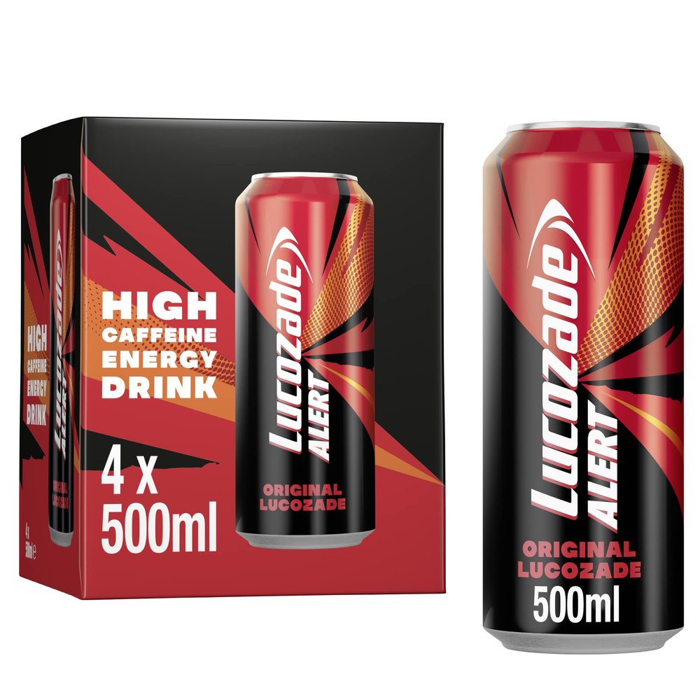 Lucozade Alert Original 4x500ml- can ; High Caffeine Energy Drink ;Great Taste; Contains vitamin B3 to help reduce tiredness ;Fully recyclable