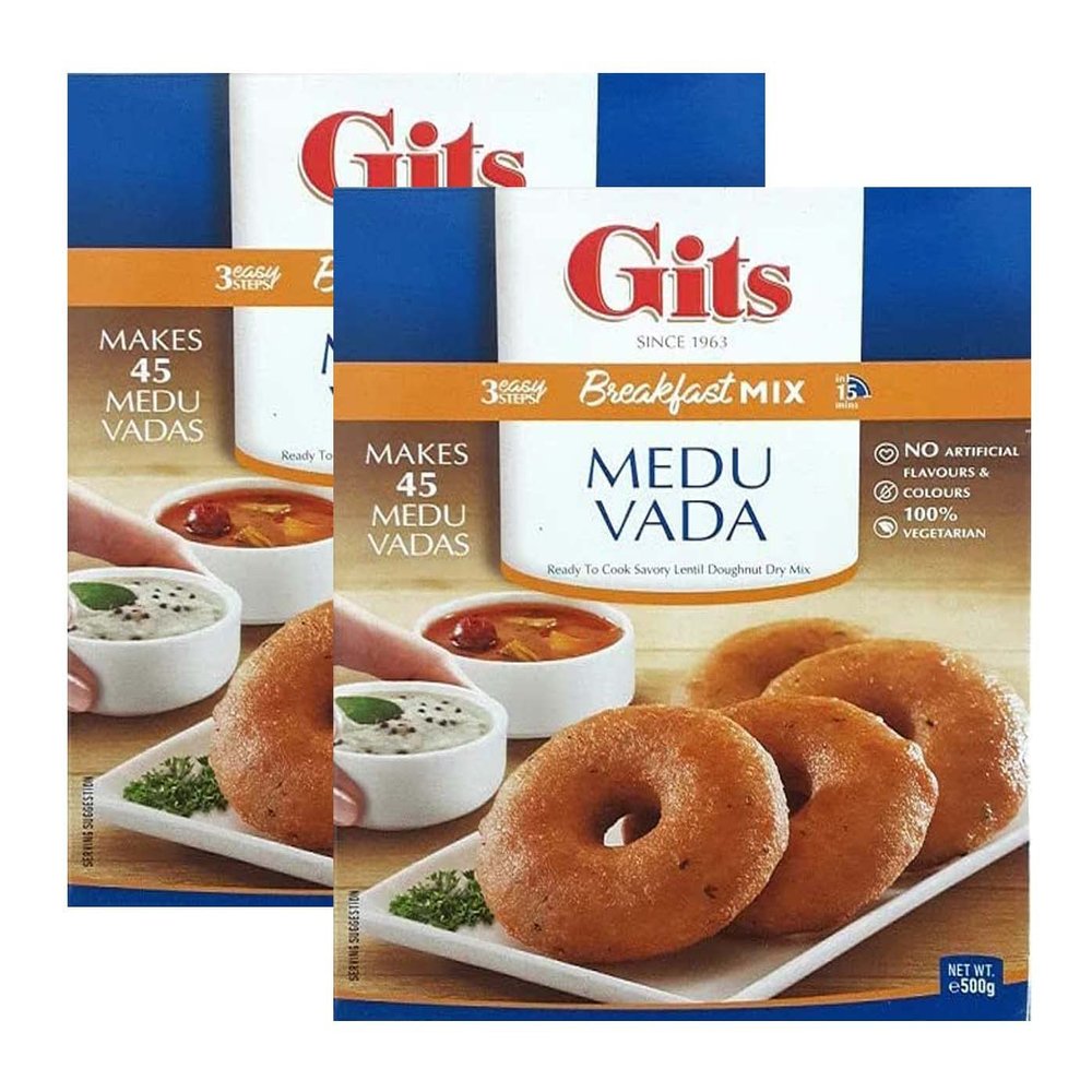 Gits Medu Vada Snack Mix 500g - Makes Delicious Mildly spiced dumplings made of Urad flour - A Traditional South Indian Savory Snack makes 45 serving (Pack of 2)