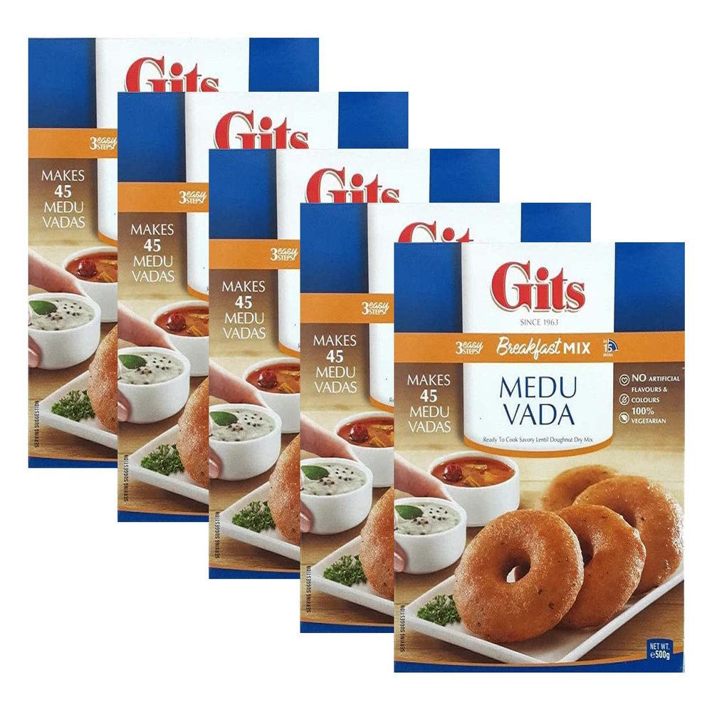 Gits Medu Vada Snack Mix 500g - Makes Delicious Mildly spiced dumplings made of Urad flour - A Traditional South Indian Savory Snack makes 45 serving (Pack of 5)