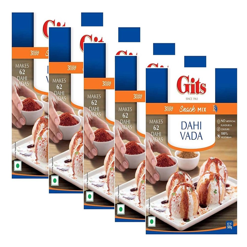 Gits Dahi Vada Instant Snack Mix 500g - A Traditional Indian Savory Snack - Urad Dal Vada Deep Fried & Soaked In Yogurt & Topped With Tamarind Sauce & Indian Spices (Pack of 5)