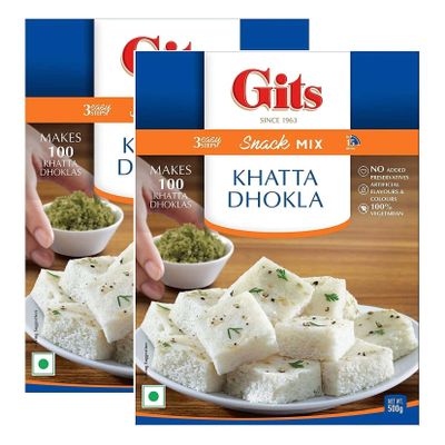 Gits Khatta Dhokla Instant Snack Mix 500g - A Popular Traditional Gujarati Savory Snack - Tangy Flavor, Fluffy & Spongy Texture (Pack of 2)