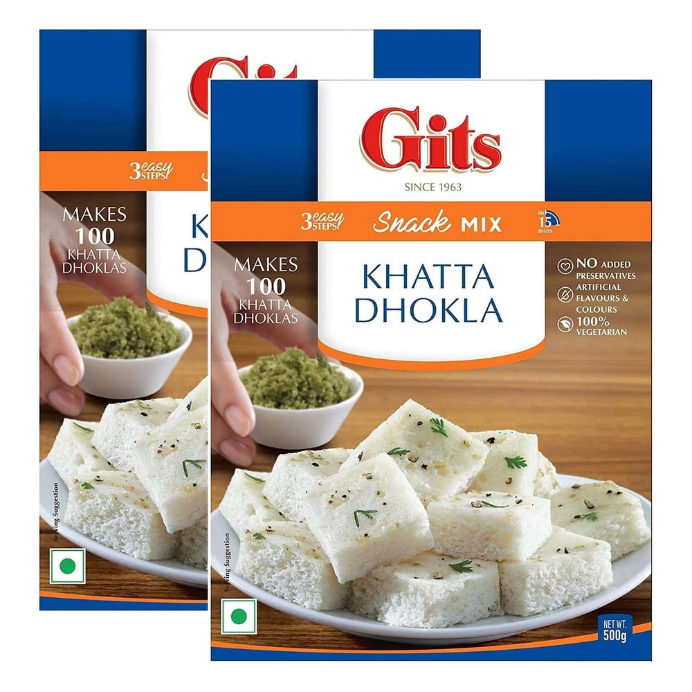 Gits Khatta Dhokla Instant Snack Mix 500g - A Popular Traditional Gujarati Savory Snack - Tangy Flavor, Fluffy & Spongy Texture (Pack of 2)