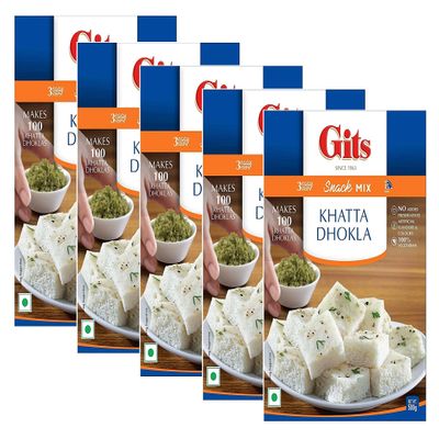 Gits Khatta Dhokla Instant Snack Mix 500g - A Popular Traditional Gujarati Savory Snack - Tangy Flavor, Fluffy & Spongy Texture (Pack of 5)