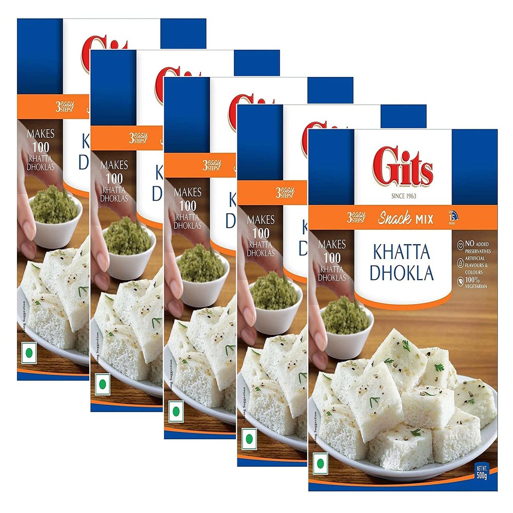 Gits Khatta Dhokla Instant Snack Mix 500g - A Popular Traditional Gujarati Savory Snack - Tangy Flavor, Fluffy & Spongy Texture (Pack of 5)