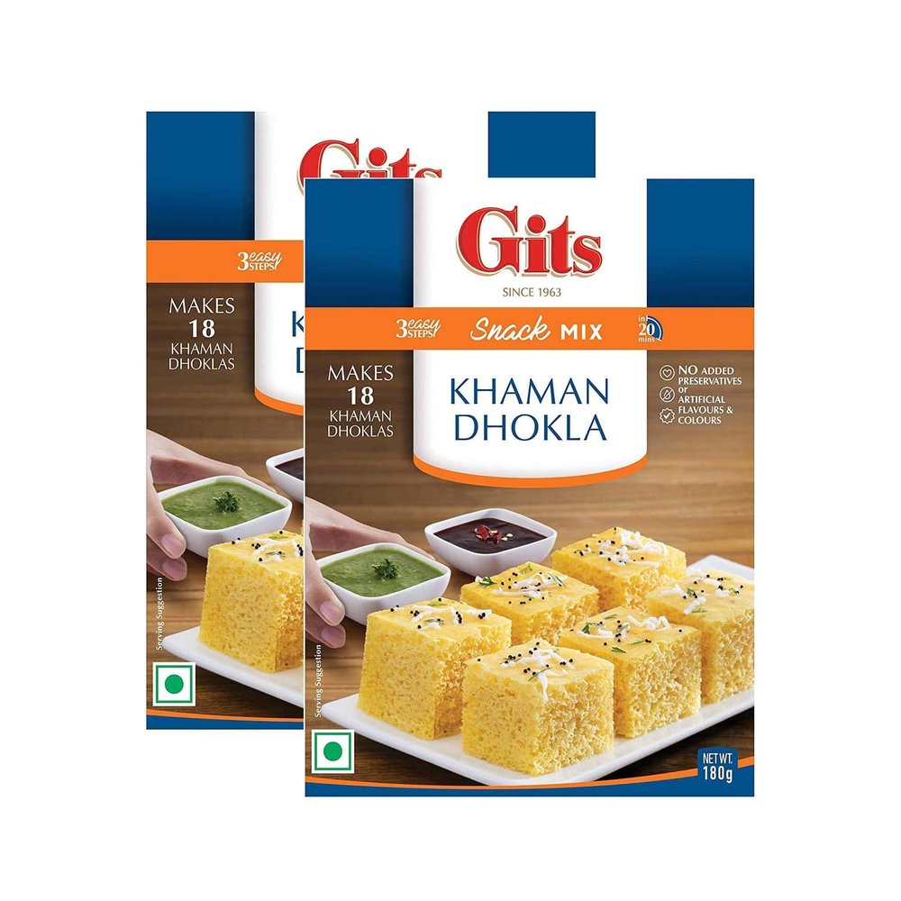 Gits Khaman Dhokla Instant Snack Mix 180g - A Traditional Indian Savory Snack - Popular Traditional Gujarati Snack  Makes 18 Khaman Dhokla (Pack of 2)
