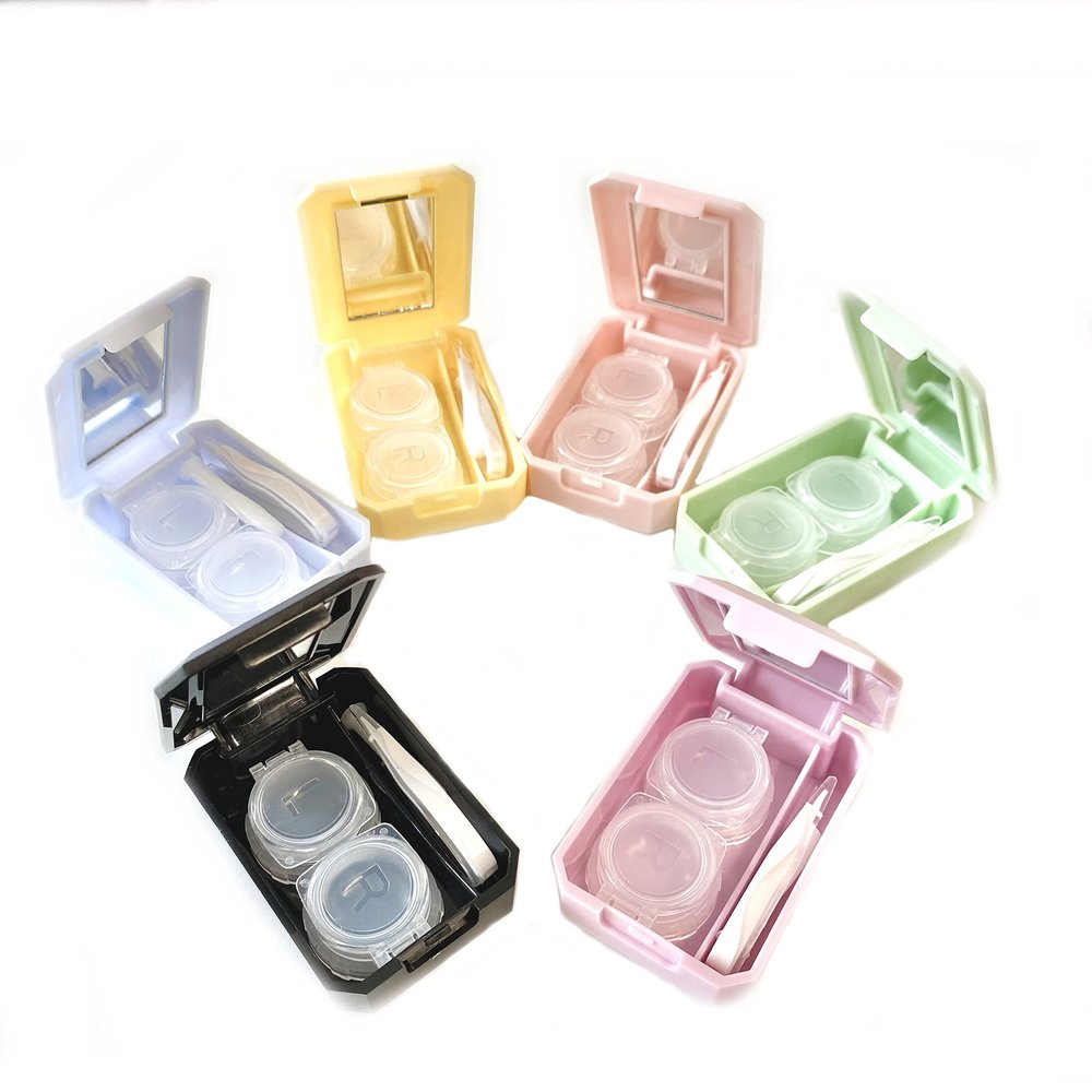 Contact Lenses Compact Travel Storage Case and Applicator Soaking Kit with Mirror Pastel Pink Lilac Yellow Green Blue Black (Yellow)
