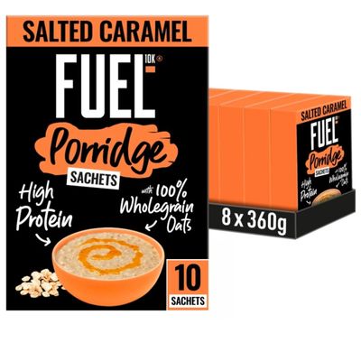 FUEL10K Salted Caramel Protein Porridge Oat Cereal Sachets, 10 x 36 g (Pack of 8)