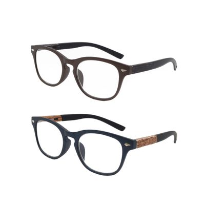 2 Pack Lightweight Reading Glasses Readers with Spring Hinge Premium Wood Grain Temples for Men Women (brown and grey, 2.5, multiplier_x)