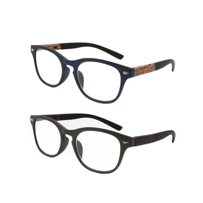2 Pack Lightweight Reading Glasses Readers with Spring Hinge Premium Wood Grain Temples for Men Women (grey and dark green, 3.5, multiplier_x)