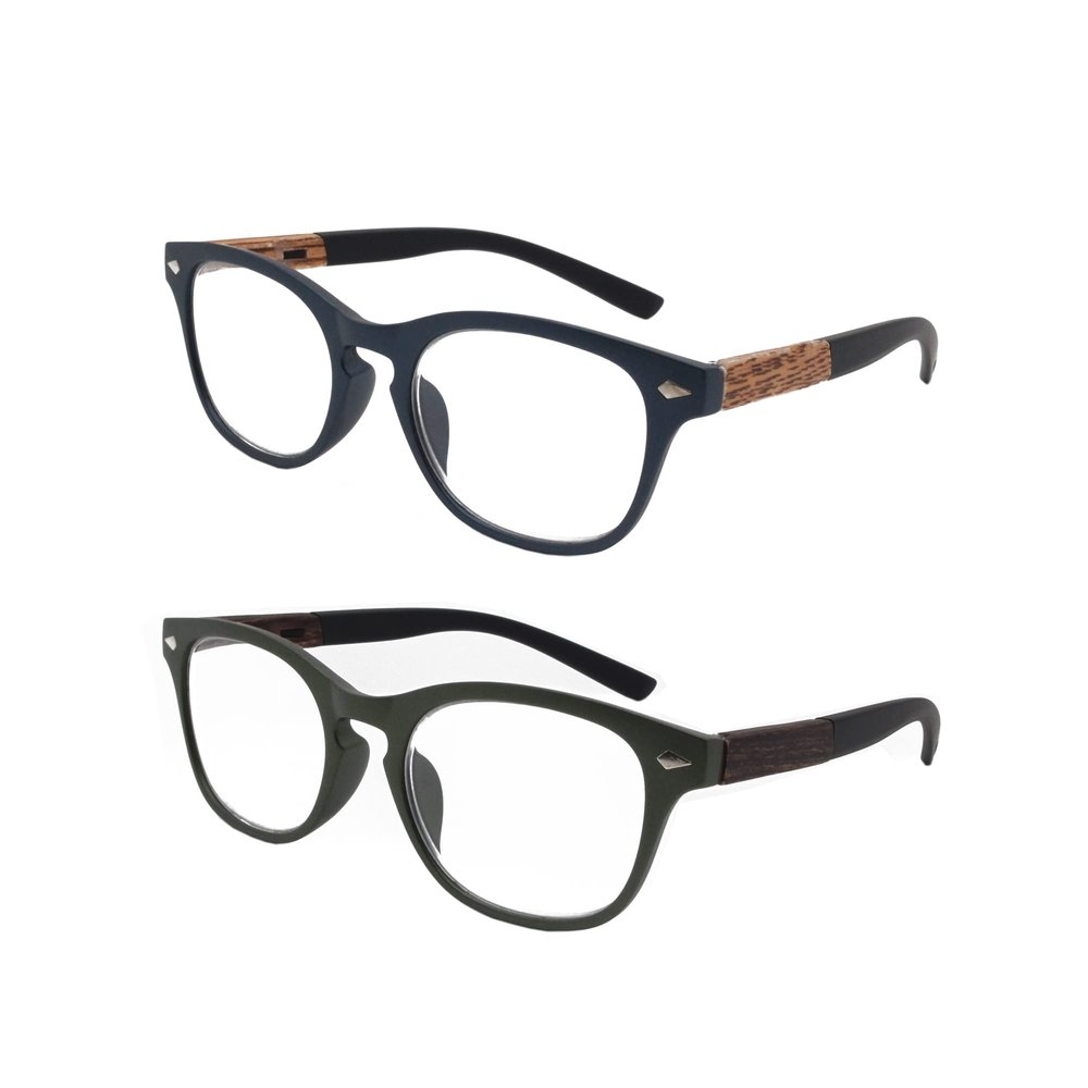 2 Pack Lightweight Reading Glasses Readers with Spring Hinge Premium Wood Grain Temples for Men Women (grey and dark green, 3.5, multiplier_x)