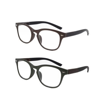 2 Pack Lightweight Reading Glasses Readers with Spring Hinge Premium Wood Grain Temples for Men Women (brown and dark green, 2.0, multiplier_x)
