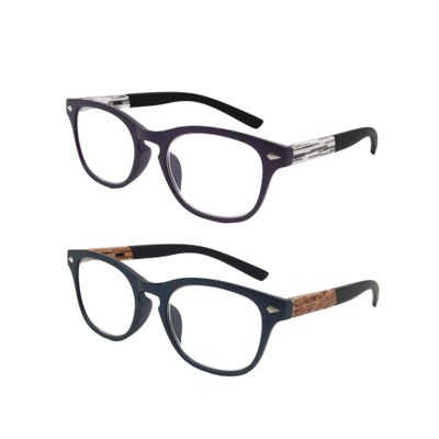 2 Pack Lightweight Reading Glasses Readers with Spring Hinge Premium Wood Grain Temples for Men Women (grey and purple, 2.0, multiplier_x)