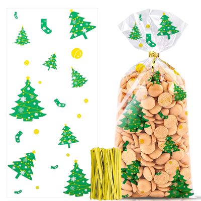 Pack of 100 Christmas Sweet Bags, Cellophane Bags, Snowflake Christmas Cookie Bags, Biscuits Goody Bags with 100 Twist Ties for Cookies, Biscuits, Pralines (Christmas Tree)
