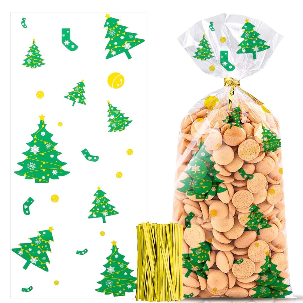 Pack of 100 Christmas Sweet Bags, Cellophane Bags, Snowflake Christmas Cookie Bags, Biscuits Goody Bags with 100 Twist Ties for Cookies, Biscuits, Pralines (Christmas Tree)