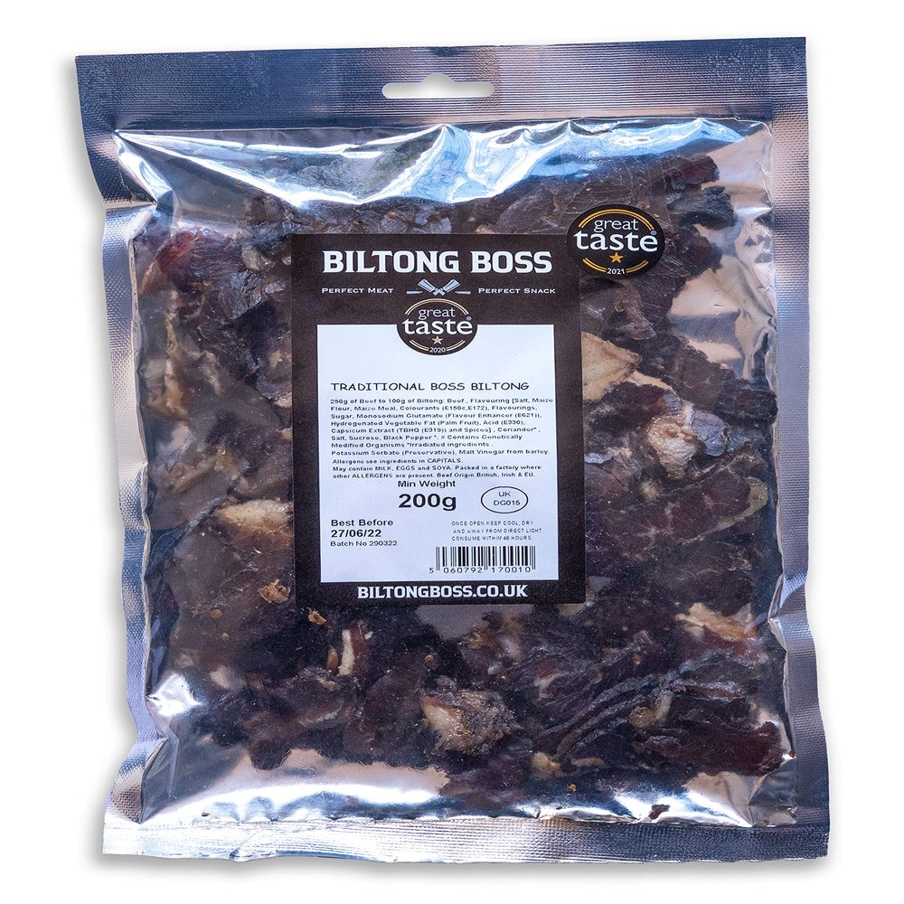Biltong Boss Traditional Boss Beef, Premium Authentic Beef, High Protein Ready To Eat Healthy Snack, Suitable For Gluten-Free, Paleo, Keto, Atkins Diets & Post-Workout, Low Sugar & Carbohydrates, 200g