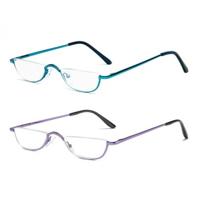 KoKoBin Half Frame Reading Glasses Spring Hinges for Men Women Slim Half Moon Lens Readers Metal Semi Rimless eyewear (Blue+Purple,3.0)