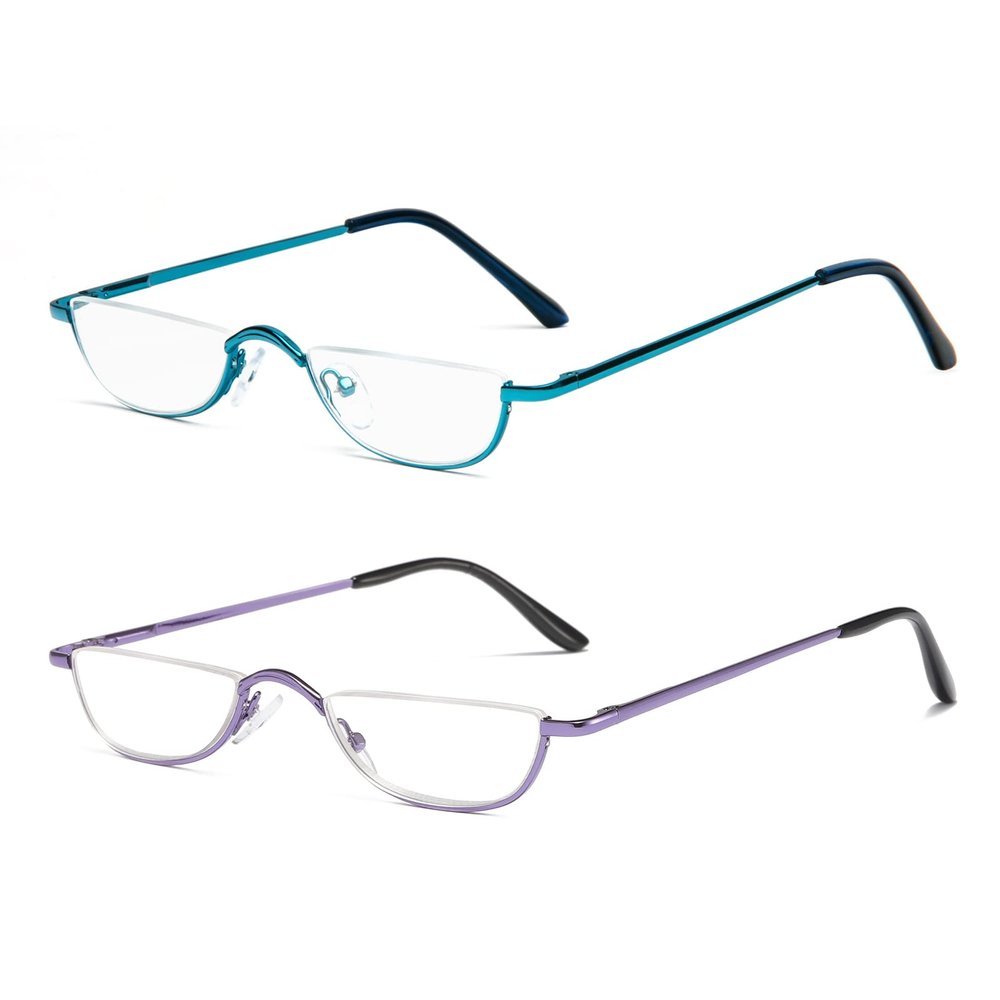 KoKoBin Half Frame Reading Glasses Spring Hinges for Men Women Slim Half Moon Lens Readers Metal Semi Rimless eyewear (Blue+Purple,3.0)