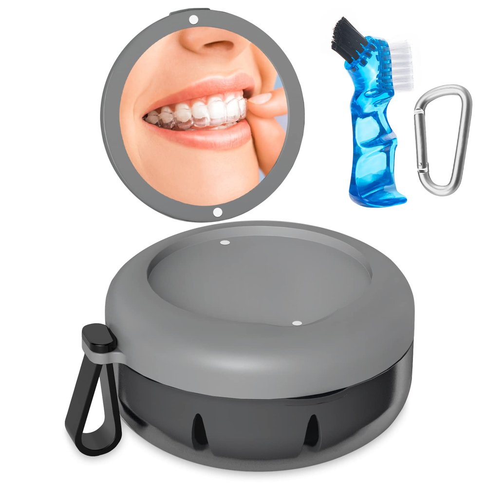 Denture Bath Box, Retainer Case for Braces, Leakproof Portable Retainer Box, Denture Cleaning Kit with Cleaner Brush Carabiner, Strainer & Mirror, Denture Cup for Aligner Retainer Mouth Guard