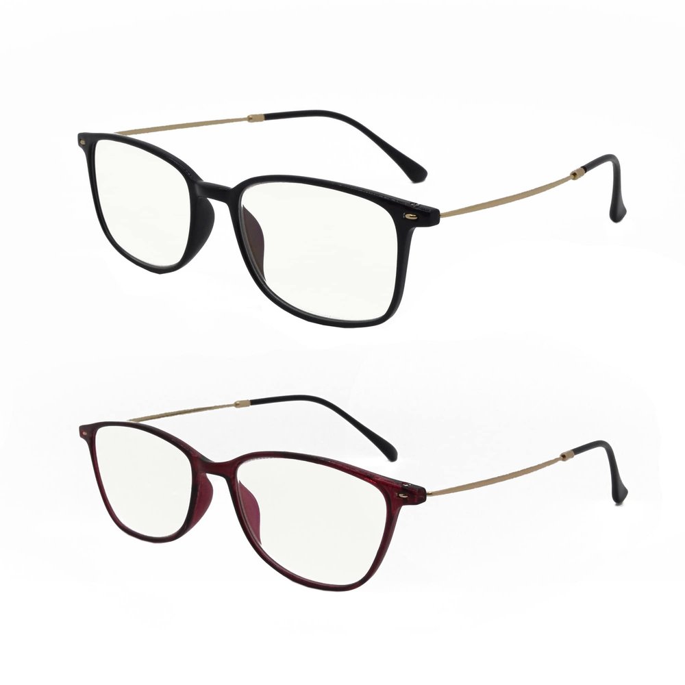 2 Pack Unisex Blue Light Blocking Ultralight Reading Glasses Rectangle Computer Readers with Spring Hinges for Men and Women (black and burgundy, 1.0, multiplier_x)