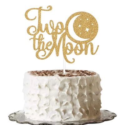 Gold Glitter Two the Moon Cake Topper, Two the Moon Birthday Decorations, 2nd Birthday Cake Topper, Moon Theme Baby Shower Cake Decor, Two Cake Topper, Happy 2nd Birthday Decorations Supplies