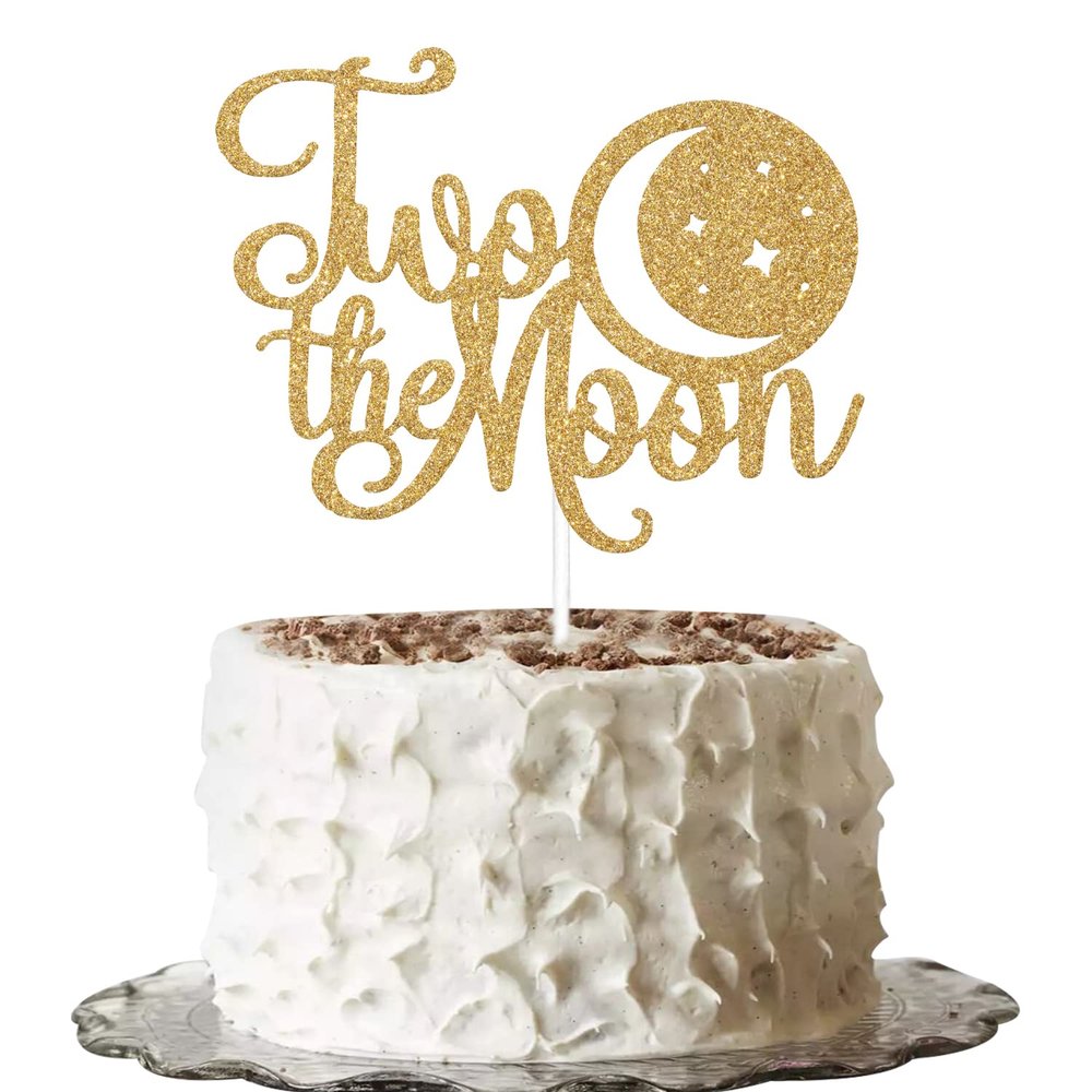 Gold Glitter Two the Moon Cake Topper, Two the Moon Birthday Decorations, 2nd Birthday Cake Topper, Moon Theme Baby Shower Cake Decor, Two Cake Topper, Happy 2nd Birthday Decorations Supplies
