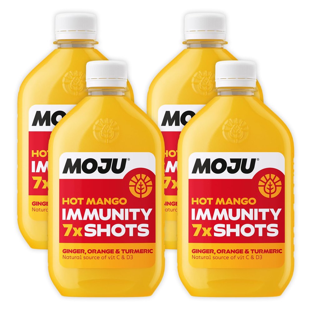 MOJU Hot Mango Immunity Dosing Bottles (4 x 420ml) Energising, Source of Vitamin C and D3, Natural Ingredients, No Added Sugars or Sweeteners, Vegan