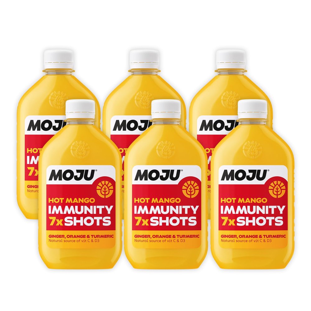 MOJU Hot Mango Immunity Dosing Bottles (6 x 420ml, 42 Shots) Energising, Source of Vitamin C and D3, Natural Ingredients, No Added Sugars or Sweeteners, Vegan