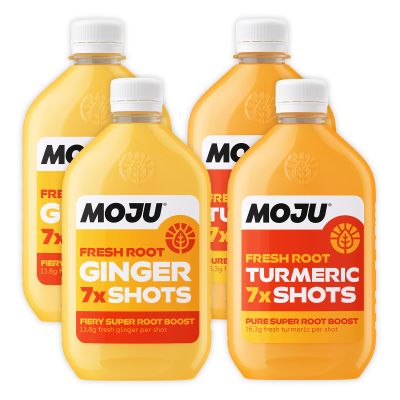 MOJU 2x Ginger, 2x Turmeric Dosing Bottles (4 x 420ml), Morning Wake Up/Afternoon Lift, Whole Ingredients, Nothing Artificial, Vegan, Ginger Shots