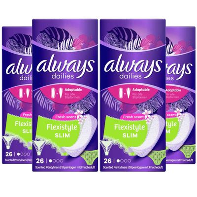 Always Dailies Flexistyle Slim Fresh Scent Pantyliners, 26 Per Pack (Pack of 4) - 104 Liners Total