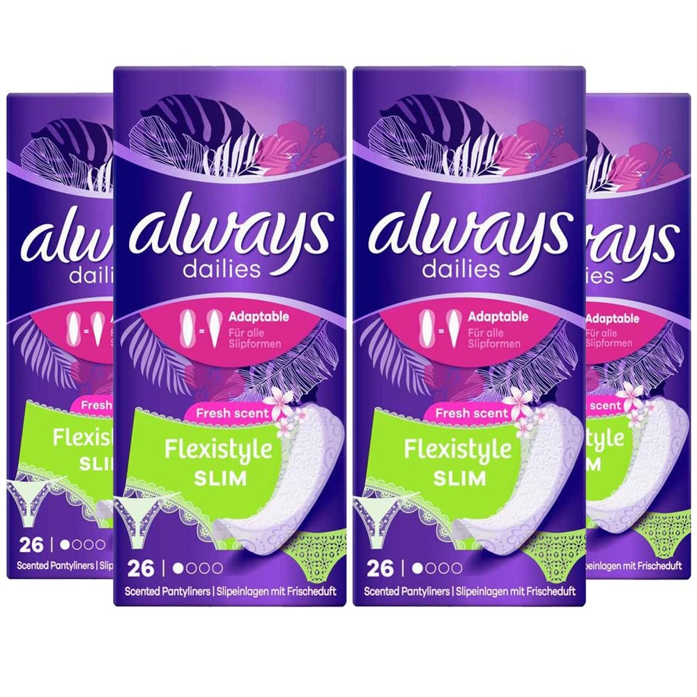 Always Dailies Flexistyle Slim Fresh Scent Pantyliners, 26 Per Pack (Pack of 4) - 104 Liners Total