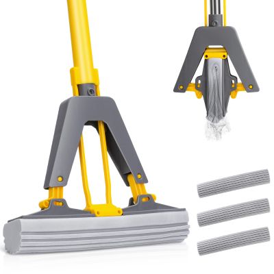 MASTERTOP Easy Floor Cleaner with Self-Squeeze Wringing, Hands-Free Extended Highly-Absorbent PVA Sponge Mop for Laminate, Tile, Hardwood Floor - Send 3pcs Sponge Mop Heads
