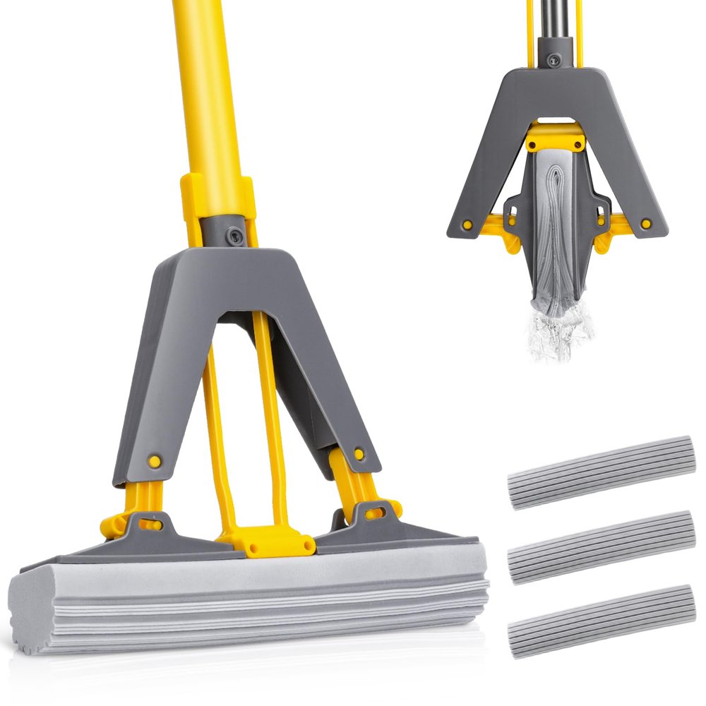 MASTERTOP Easy Floor Cleaner with Self-Squeeze Wringing, Hands-Free Extended Highly-Absorbent PVA Sponge Mop for Laminate, Tile, Hardwood Floor - Send 3pcs Sponge Mop Heads