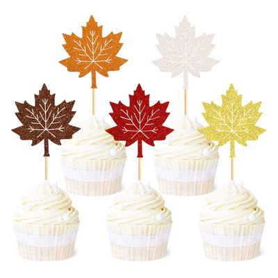 Ercadio 28 Pack Happy Thanksgiving Day Cupcake Toppers Glitter Fall Leaves Thanksgiving Eve Theme Party Cake Decorations Supplies
