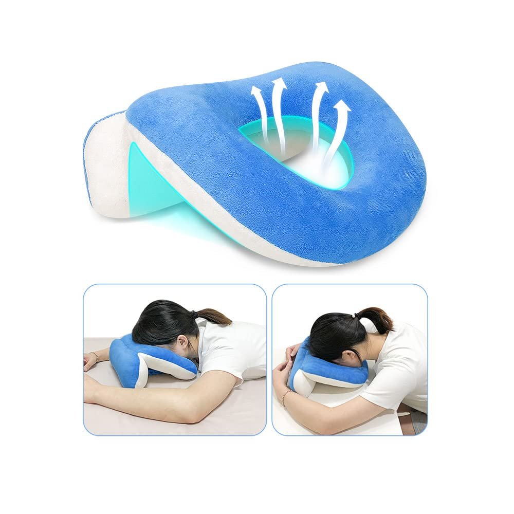 Mybow Face Down Pillow After Eye Surgery, Vitrectomy Retina Recovery Equipment, Donut Face Pillows, Prone Head Cradle, Massage Facedown Desk Pillow for Napping Piercing Cushion (Blue)