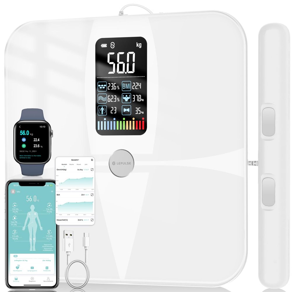 Scales for Body Weight Body Fat Scales with Handle, Lepulse Large Display Weighing Scales Body Weight and Fat BMI Digital Bathroom Scales, High Accurate 20 Body Composition Scales with Report, White