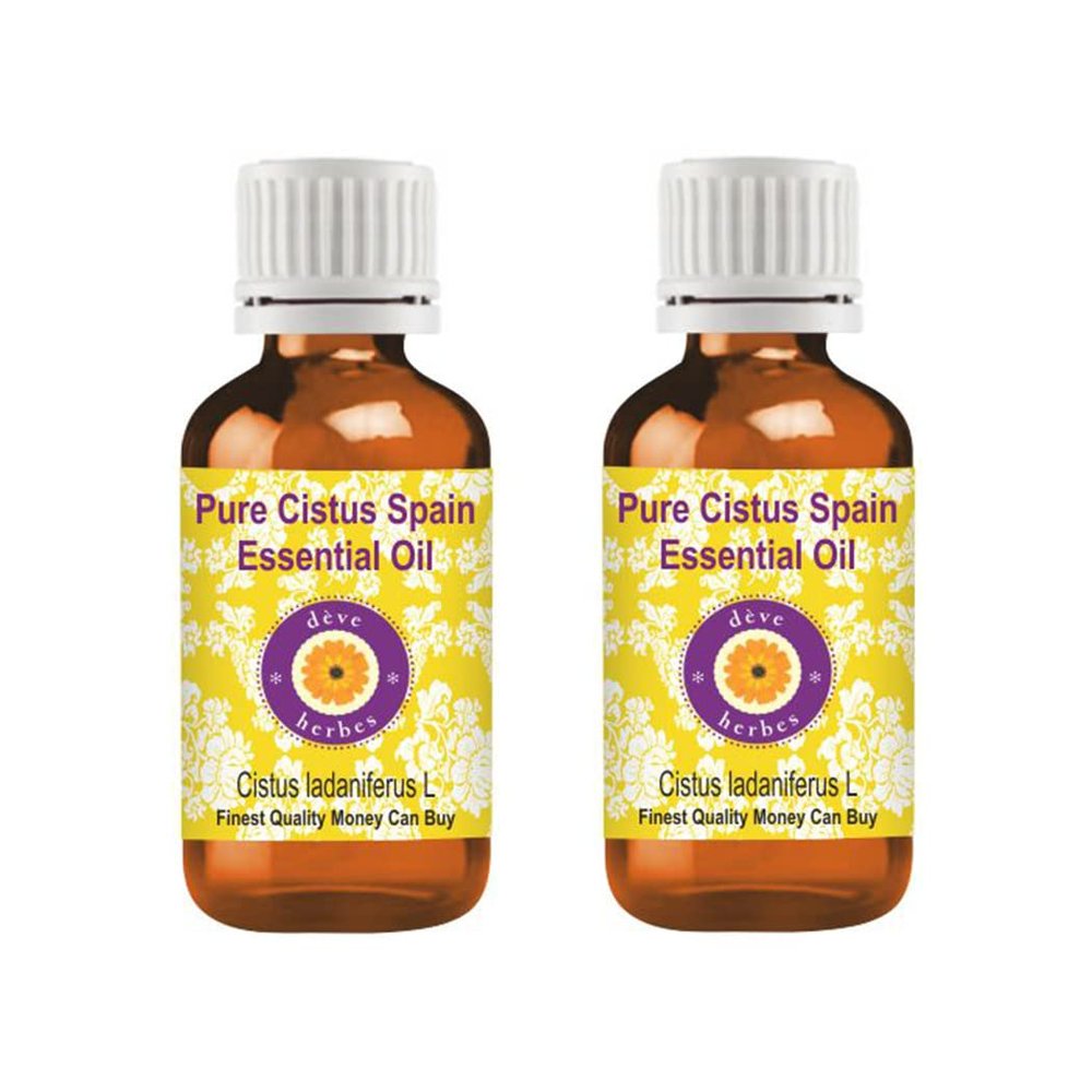 Deve Herbes Pure Cistus Spain Essential Oil (Cistus ladaniferus L) Non-Sticky | Non-Greasy | Sweet Balsamic Aroma | for Aromatherapy, Relaxation, Skin & Hair Care 100ml X 2