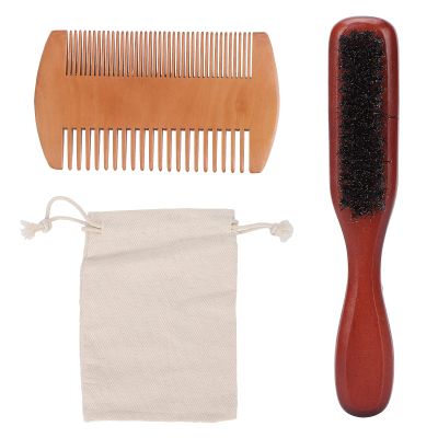Beard Comb, Beard Comb Brush Set Double Sided Mustache Kit with Storage Bag for Men Wooden Grooming Care Scalp Massage Comb Oval Wood Hair Handle Beech
