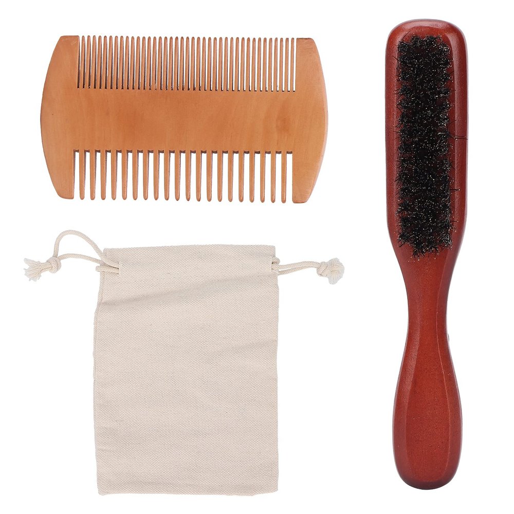 Beard Comb, Beard Comb Brush Set Double Sided Mustache Kit with Storage Bag for Men Wooden Grooming Care Scalp Massage Comb Oval Wood Hair Handle Beech
